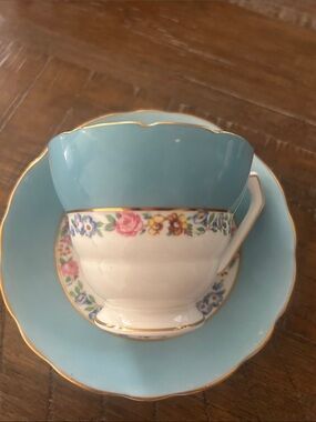 Blue and White Floral Tea Cup & Saucer with Gold Trim